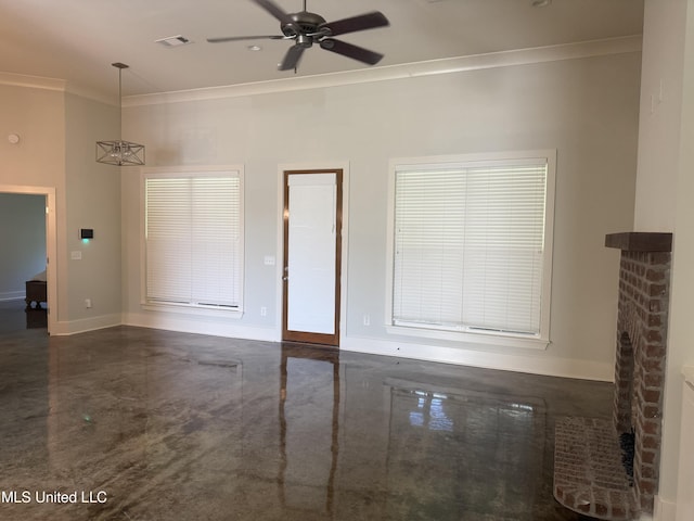 unfurnished living room with baseboards, ornamental molding, a ceiling fan, and a brick fireplace