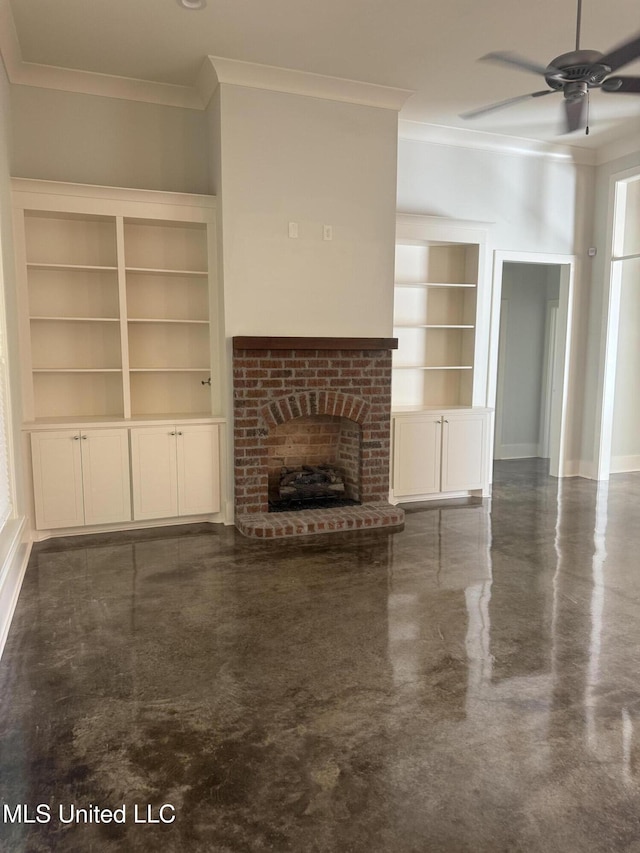 unfurnished living room with concrete floors, ceiling fan, ornamental molding, and built in features