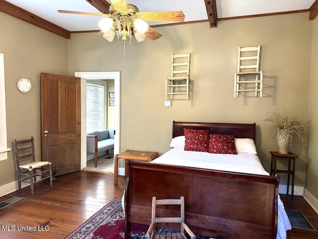 48 Fairway Dr, Natchez, MS 39120 - bedroom with ceiling fan, ornamental molding, dark hardwood / wood-style flooring, and beam ceiling