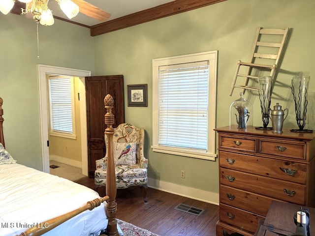48 Fairway Dr, Natchez, MS 39120 - bedroom featuring dark wood-type flooring, ornamental molding, and ceiling fan