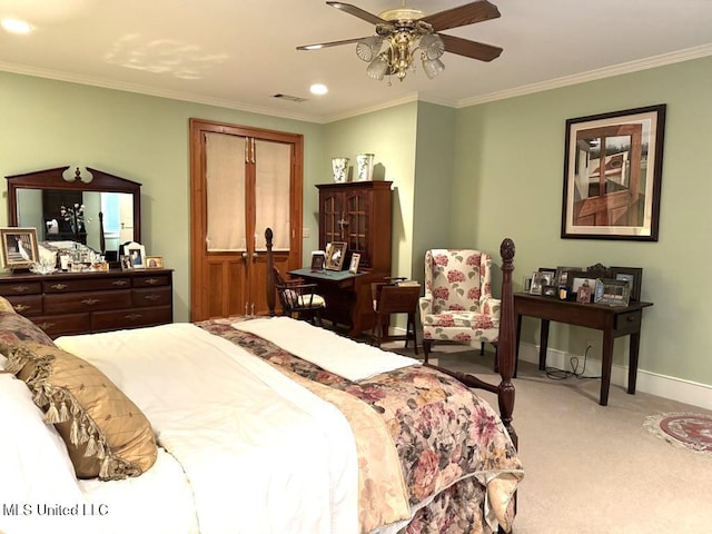 48 Fairway Dr, Natchez, MS 39120 - bedroom with ornamental molding, light carpet, and ceiling fan