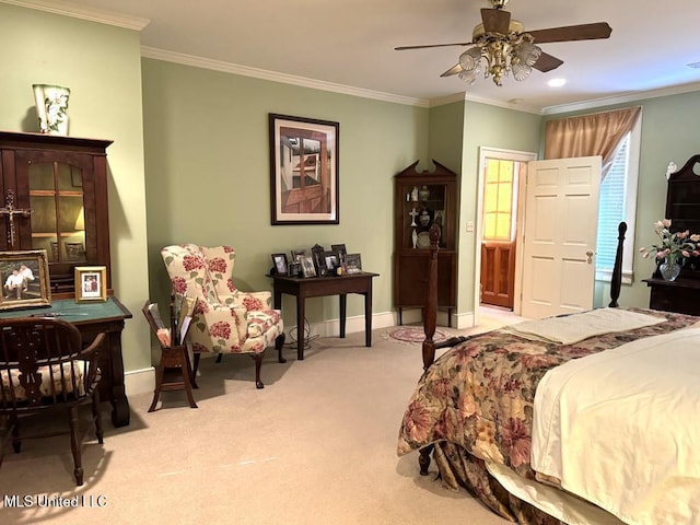 48 Fairway Dr, Natchez, MS 39120 - bedroom featuring ornamental molding, light carpet, and ceiling fan