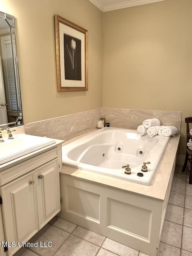 48 Fairway Dr, Natchez, MS 39120 - bathroom with vanity, tile patterned flooring, crown molding, and a bathing tub