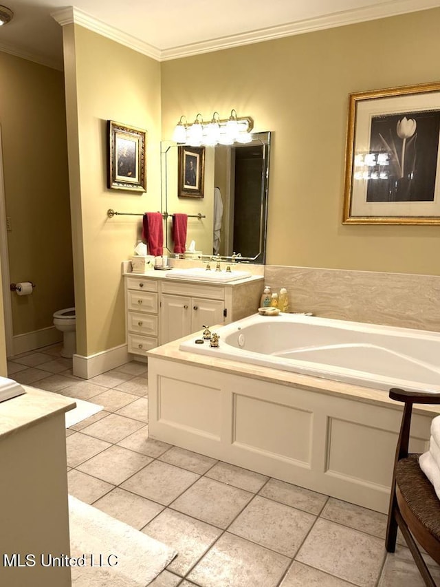 48 Fairway Dr, Natchez, MS 39120 - bathroom with tile patterned flooring, ornamental molding, vanity, toilet, and a bath