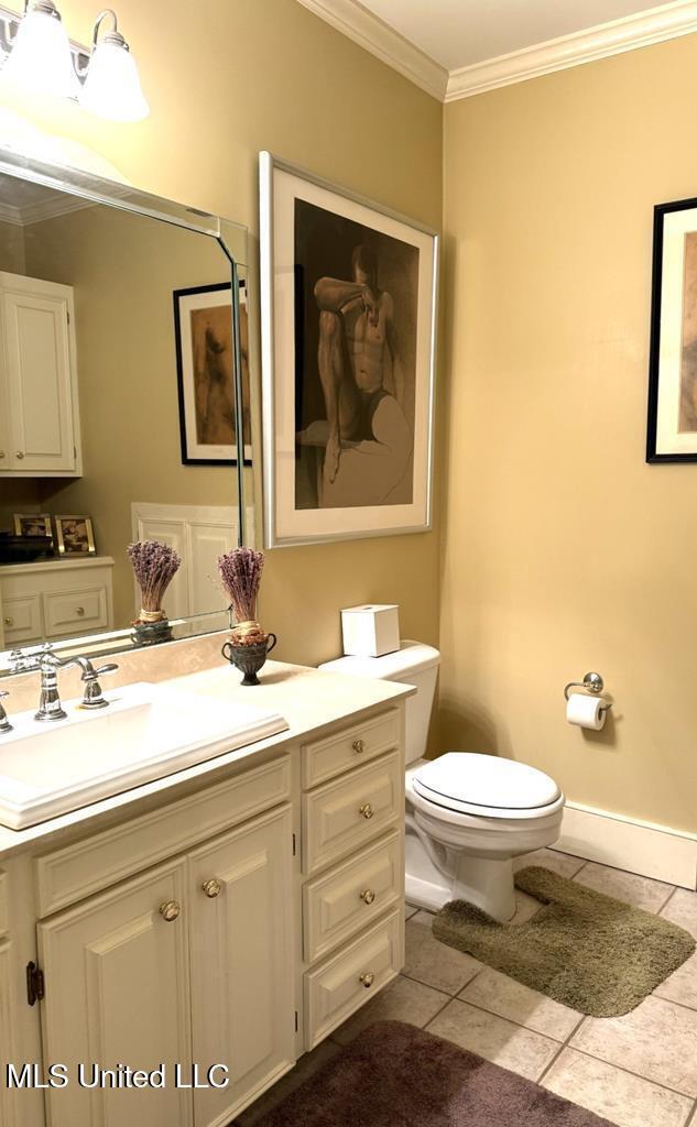 48 Fairway Dr, Natchez, MS 39120 - bathroom featuring tile patterned flooring, crown molding, vanity, and toilet