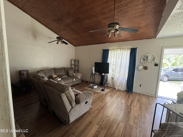 5418 Elder St, Moss Point, MS 39563 - living room featuring ceiling fan, lofted ceiling, wood finished floors, and wooden ceiling