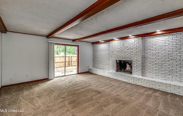 204 Turtle Creek Dr, Brandon, MS 39047 - unfurnished living room featuring carpet flooring, a fireplace, beam ceiling, and baseboards