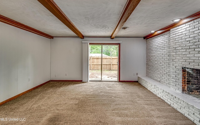 204 Turtle Creek Dr, Brandon, MS 39047 - unfurnished living room featuring a brick fireplace, carpet flooring, beamed ceiling, and baseboards