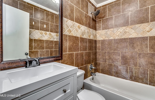 204 Turtle Creek Dr, Brandon, MS 39047 - bathroom featuring toilet, tile walls, ornamental molding, vanity, and washtub / shower combination