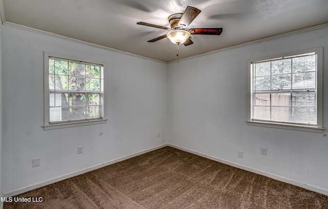 204 Turtle Creek Dr, Brandon, MS 39047 - empty room featuring dark carpet, ceiling fan, crown molding, and baseboards