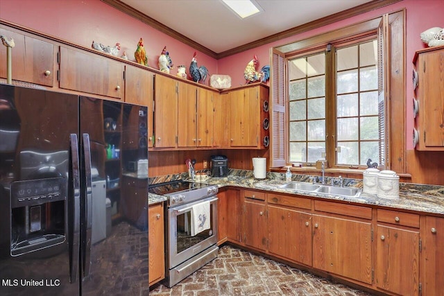 kitchen featuring stainless steel range with electric stovetop, sink, ornamental molding, light stone counters, and black fridge with ice dispenser