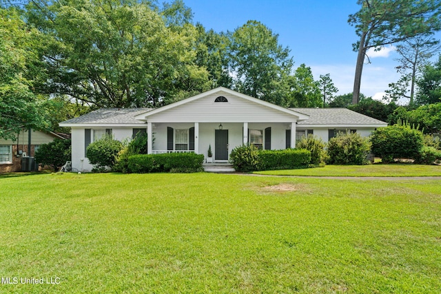 single story home featuring a front yard, a porch, and cooling unit