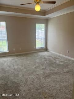 carpeted spare room featuring ornamental molding, a tray ceiling, and ceiling fan