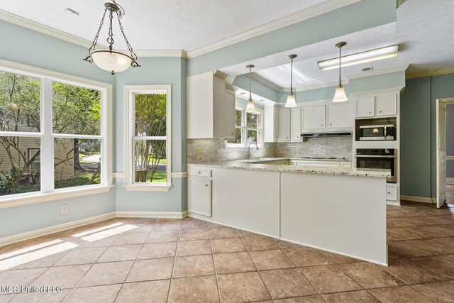 1034 Northpointe Dr, Jackson, MS 39211 - kitchen featuring stainless steel appliances, crown molding, under cabinet range hood, tasteful backsplash, and white cabinets