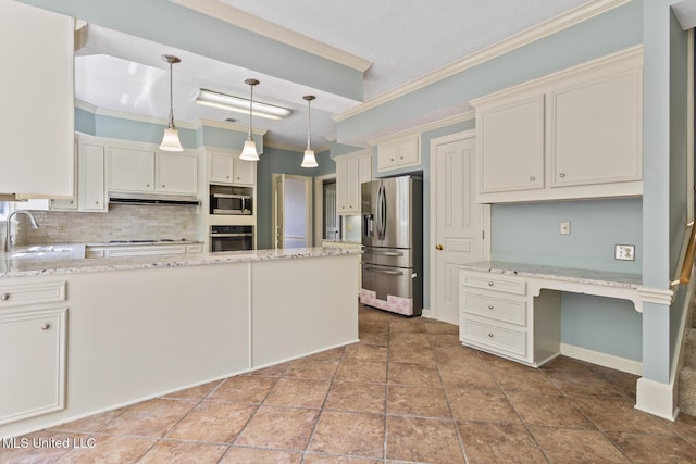 1034 Northpointe Dr, Jackson, MS 39211 - kitchen featuring appliances with stainless steel finishes, crown molding, a sink, backsplash, and light stone countertops