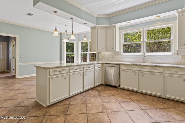 1034 Northpointe Dr, Jackson, MS 39211 - kitchen featuring dishwasher, a peninsula, tasteful backsplash, plenty of natural light, and crown molding