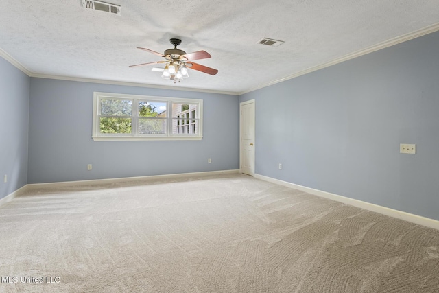 1034 Northpointe Dr, Jackson, MS 39211 - spare room featuring ceiling fan, ornamental molding, light carpet, baseboards, and a textured ceiling