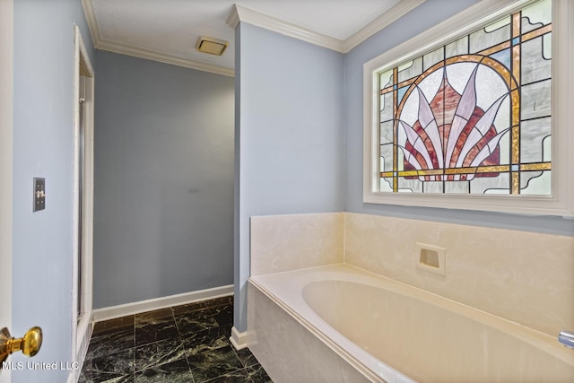 1034 Northpointe Dr, Jackson, MS 39211 - bathroom featuring marble look tiles, a garden tub, ornamental molding, and baseboards