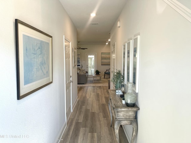 corridor featuring dark hardwood / wood-style flooring