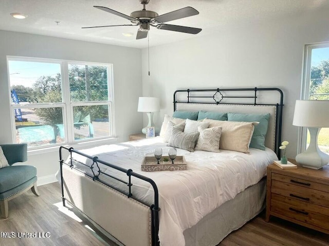 bedroom with hardwood / wood-style flooring and ceiling fan