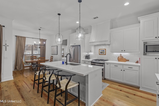 970 Glenwild Cir, Canton, MS 39046 - kitchen featuring stainless steel appliances, custom range hood, a sink, decorative backsplash, and a kitchen breakfast bar