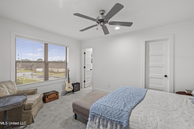 970 Glenwild Cir, Canton, MS 39046 - bedroom with light carpet, ornamental molding, a ceiling fan, baseboards, and recessed lighting