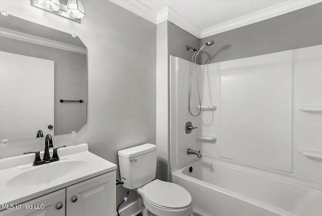 full bathroom with toilet, ornamental molding, bathtub / shower combination, and vanity