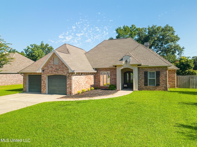 french provincial home featuring a front yard and a garage