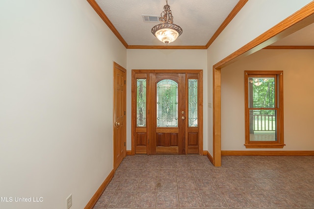 4005 Warriors Trl, Vicksburg, MS 39180 - tiled foyer entrance with baseboards, ornamental molding, and a textured ceiling