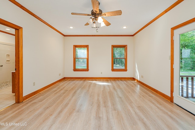 4005 Warriors Trl, Vicksburg, MS 39180 - empty room featuring crown molding, light wood finished floors, baseboards, ceiling fan, and recessed lighting