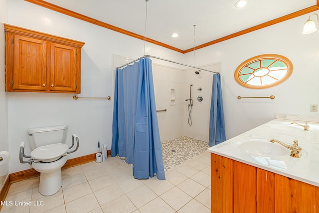 4005 Warriors Trl, Vicksburg, MS 39180 - full bath featuring a shower with curtain, crown molding, toilet, tile patterned floors, and recessed lighting