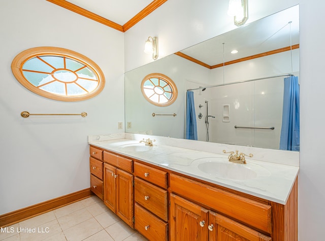 4005 Warriors Trl, Vicksburg, MS 39180 - full bathroom with ornamental molding, double vanity, a shower with shower curtain, tile patterned flooring, and baseboards