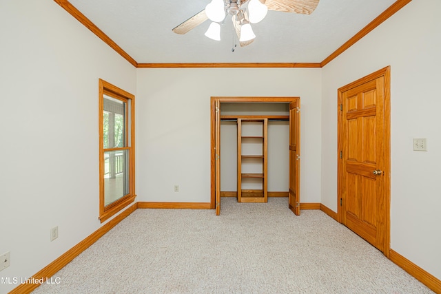 4005 Warriors Trl, Vicksburg, MS 39180 - unfurnished bedroom with ornamental molding, carpet, baseboards, a closet, and ceiling fan