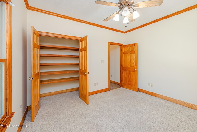 4005 Warriors Trl, Vicksburg, MS 39180 - unfurnished bedroom featuring carpet floors, ornamental molding, baseboards, and ceiling fan