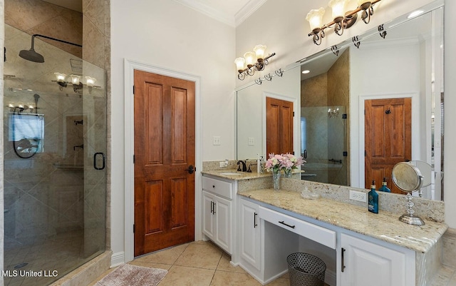 bathroom with crown molding, vanity, an enclosed shower, and tile patterned flooring