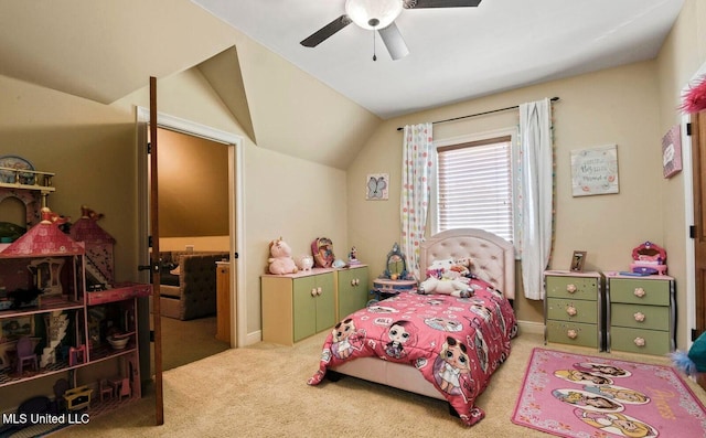 carpeted bedroom featuring ceiling fan and lofted ceiling