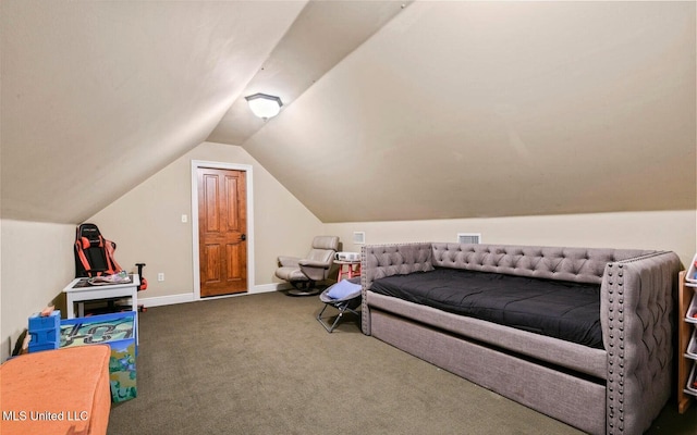 bedroom featuring vaulted ceiling and carpet flooring