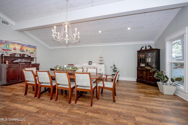 dining space with visible vents, wood finished floors, wood ceiling, a chandelier, and lofted ceiling with beams