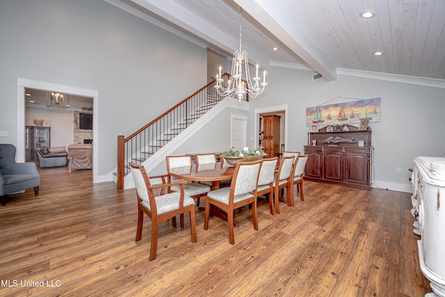 dining space featuring wood finished floors, stairway, lofted ceiling with beams, a chandelier, and recessed lighting