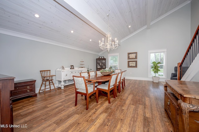 dining area with wood finished floors, stairway, wooden ceiling, a notable chandelier, and recessed lighting