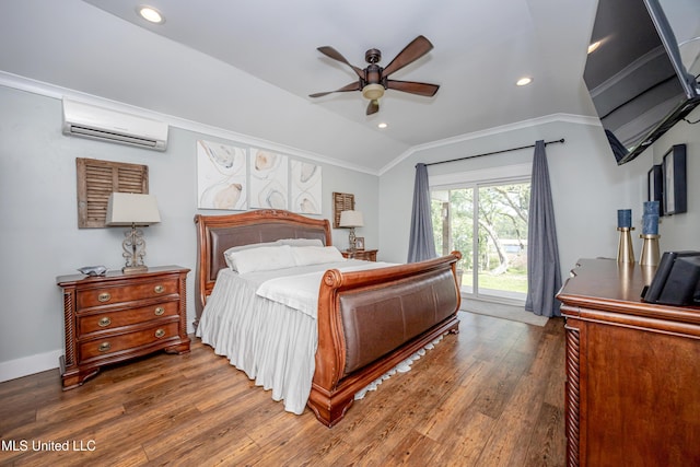 bedroom with crown molding, wood finished floors, access to exterior, a wall mounted AC, and vaulted ceiling