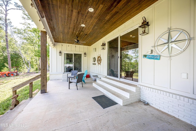 view of patio / terrace featuring ceiling fan and entry steps