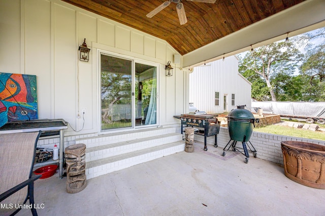 view of patio / terrace featuring a fenced backyard and ceiling fan