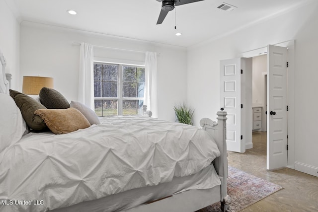 bedroom with recessed lighting, visible vents, baseboards, ornamental molding, and finished concrete floors