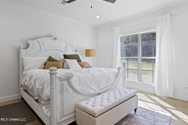 bedroom with ornamental molding, recessed lighting, a ceiling fan, and baseboards