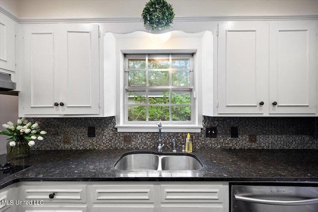 kitchen featuring stainless steel dishwasher, sink, and white cabinets