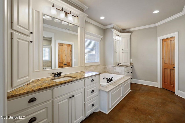 bathroom with ornamental molding, a bathing tub, concrete floors, and vanity