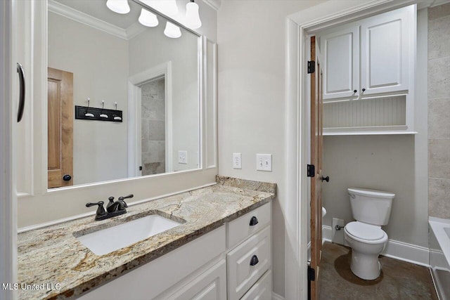 bathroom featuring crown molding, a tub to relax in, vanity, and toilet