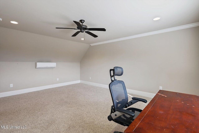 unfurnished office featuring lofted ceiling, an AC wall unit, ornamental molding, carpet floors, and ceiling fan