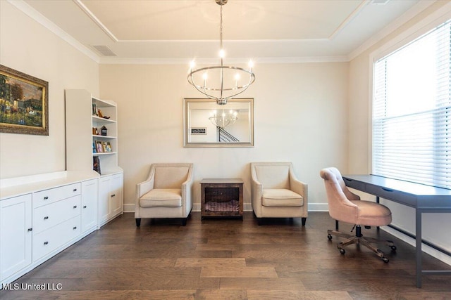 13604 Live Oak Loop, Olive Branch, MS 38654 - office area with a chandelier, dark wood-style floors, a tray ceiling, and crown molding